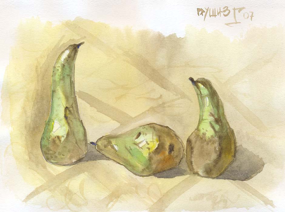 Рисунок тульского художника Димы Гуры «Груши №3» из серии «Груши» бумага/акварель 2007г