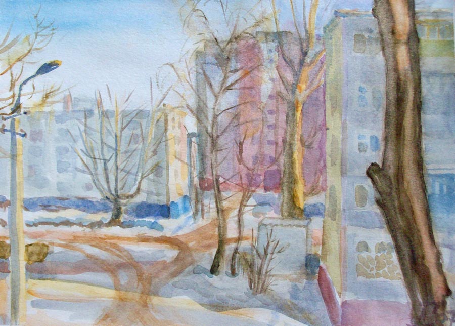 Рисунок тульского художника Димы Гуры «Вид из окна. Зима» бумага/акварель 2007г