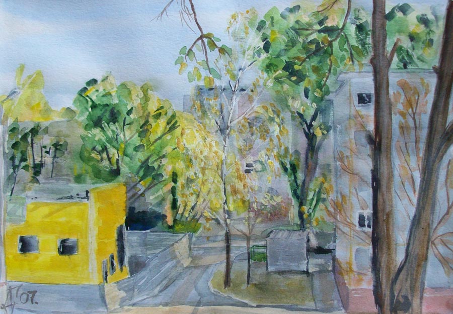 Рисунок тульского художника Димы Гуры «Вид из окна. Осень» бумага/акварель 2007г